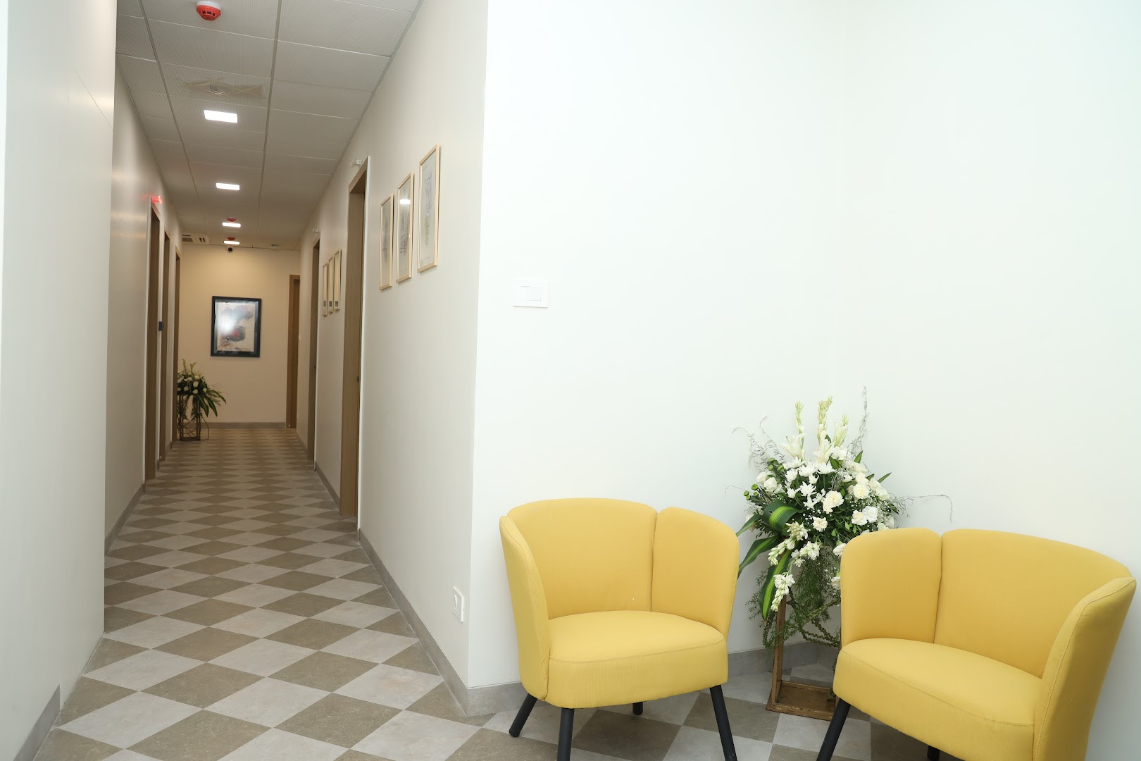 AV Scan Diagnostics waiting area with yellow sofas and white flowers